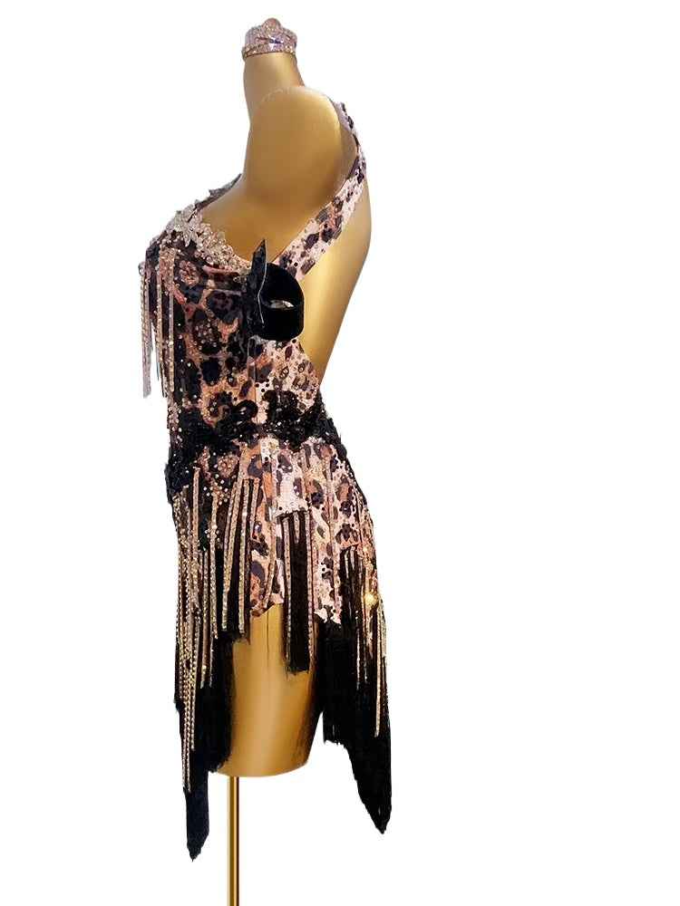 Custom Size Leopard Competition Latin Dance Dresses for Women Diamond Salsa Rumba Chacha Performance Costumes
