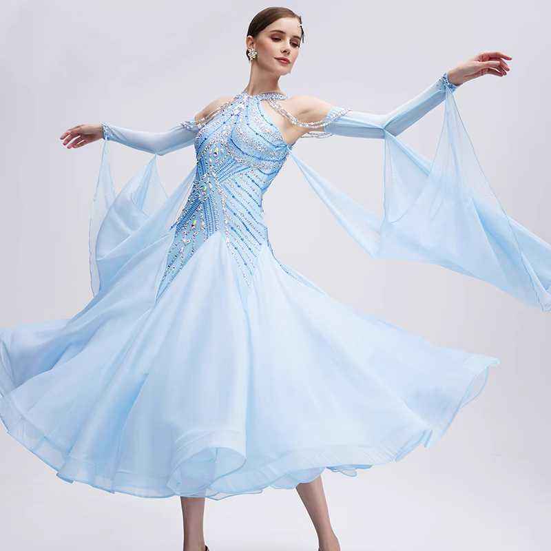 Custom Size Light Blue Competition Ballroom Dance Dresses for Women Hollow Shoulder Waltz Tango Foxtrot Dance Long Gown