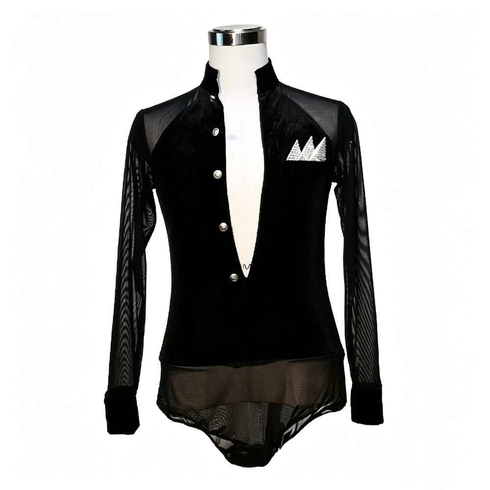 Custom Size Men's Latin Ballroom Shirt - Black Velvet Mesh Dance Bodysuit