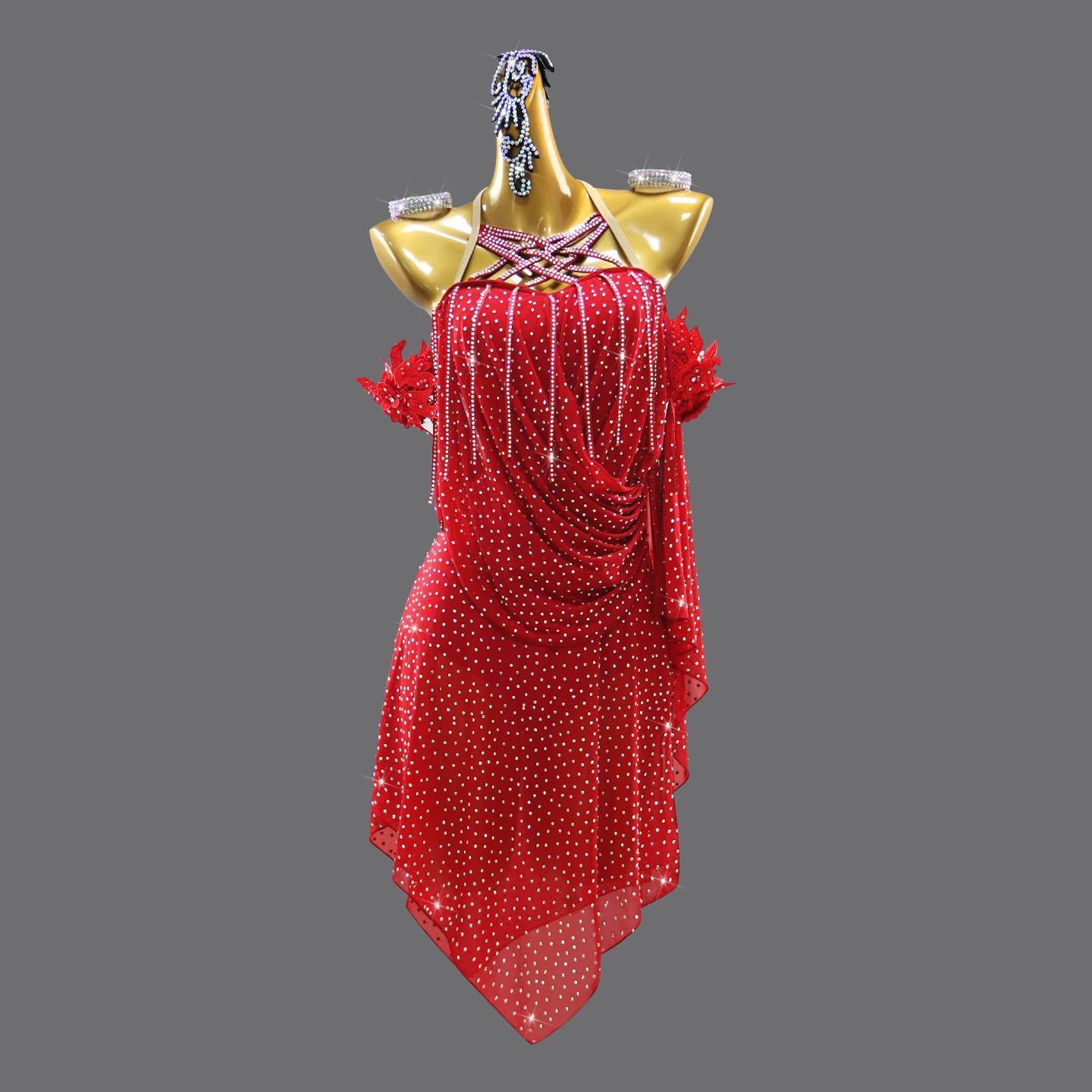 Custom Size Red Competition Latin Dance Dresses for Women Flowy Bling Salsa Rumba Chacha Performance Costumes