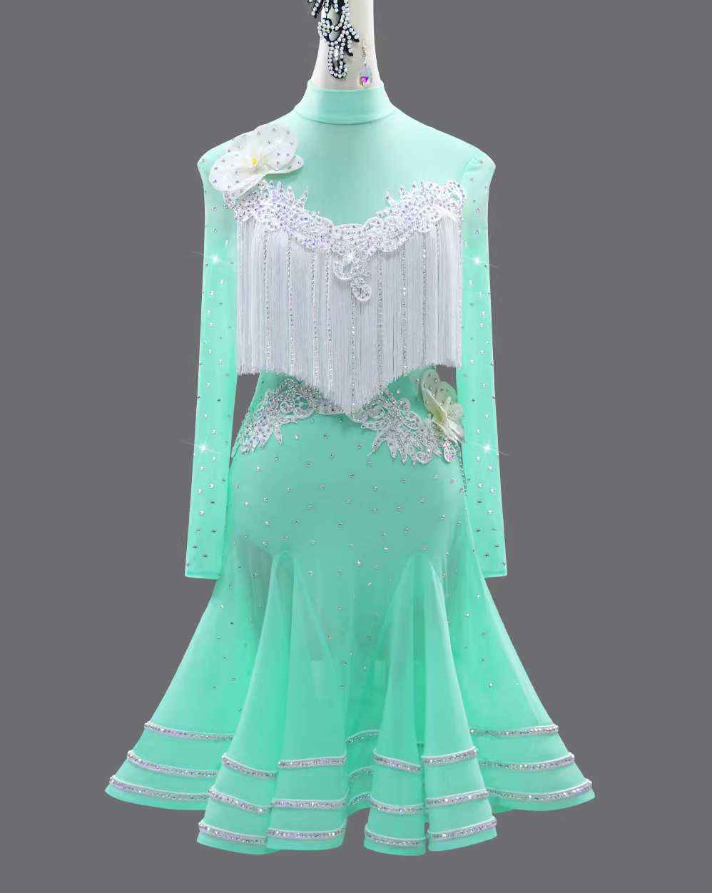 Custom Size Girls Latin Dance Dresses Mint Green Salsa Party Performance Costumes