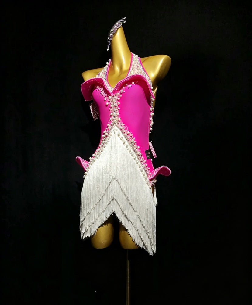 Custom Light Blue & White Fringe Latin Dress Fuchsia Rhythm Costume