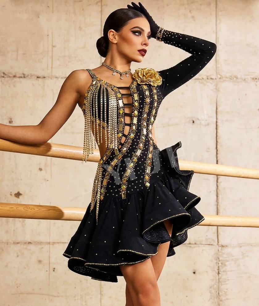Custom Size Emerald with Gold Competition Latin Dance Dress Blackpool Performance Costumes