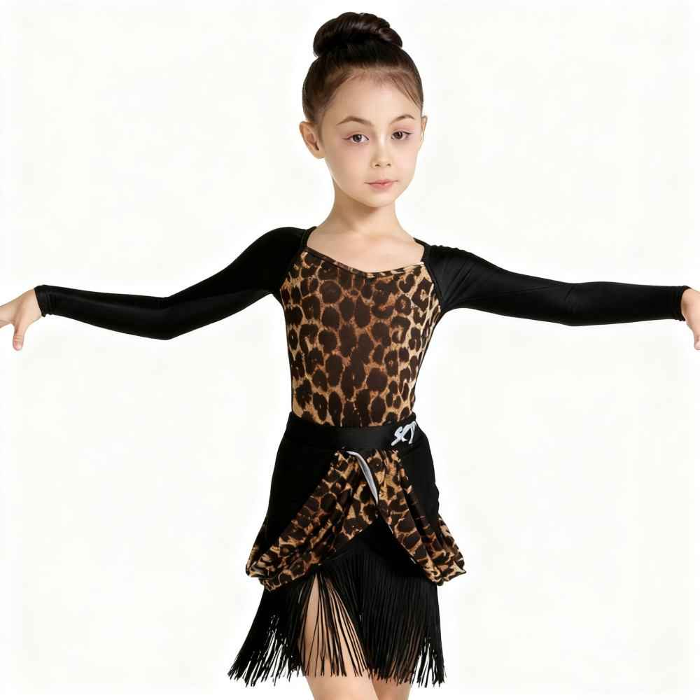 Girls Latin Dance Dresses Leopard Fringe Latin Salsa Samba Chacha Dance Costumes for Kids