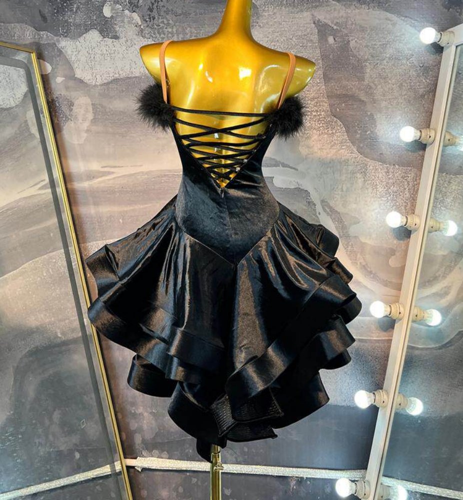 Custom Size Black Velvet Feather Latin Dress - Professional Tiered Ruffle Skirt