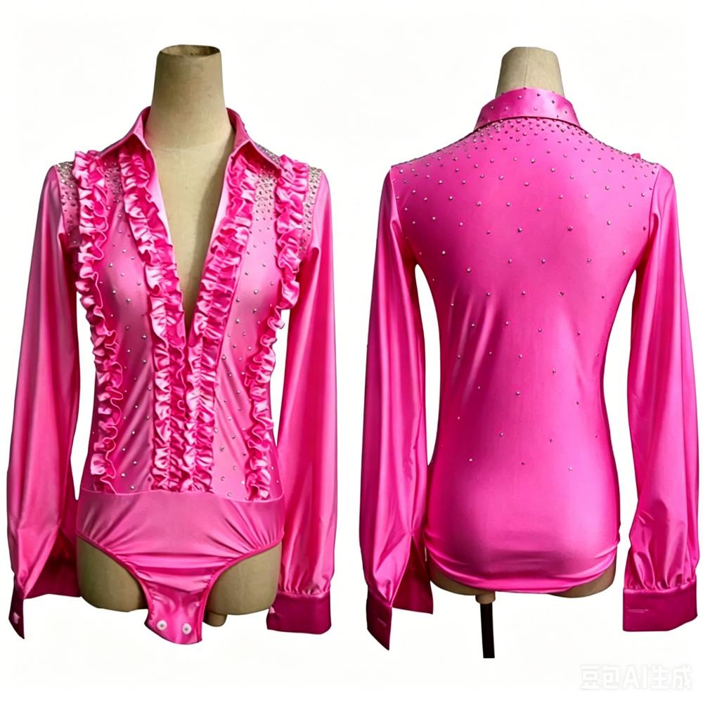 Custom Pink Blue Ruffle Edges Latin Dance Shirt for Men Youth Competition Waltz Tango Flamenco Dancing Tops