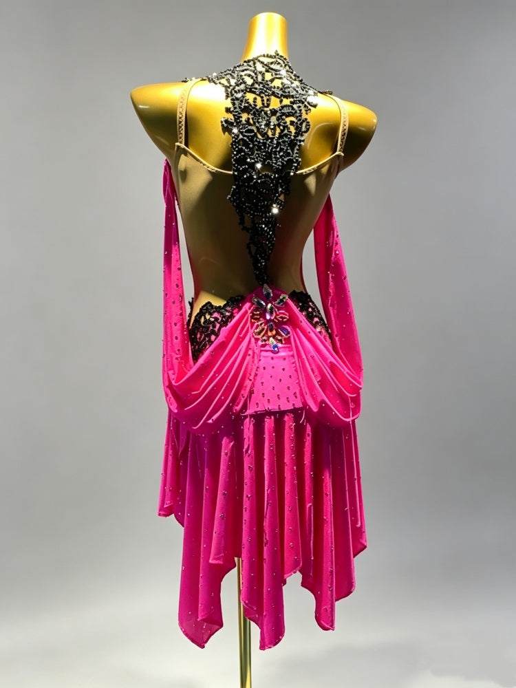 Custom Hot Pink Blue Latin Dance Dress - Black Lace Rhinestone Rhythm Competition Gown