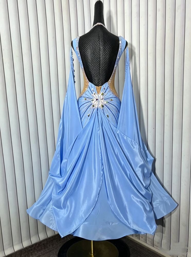 Custom Blue Competition Ballroom Dance Dress with Crystal Petals