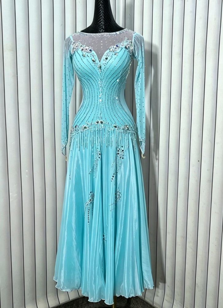 Custom Blue Rhinestone American Smooth Dance Dress Ballroom Waltz Performance Gown