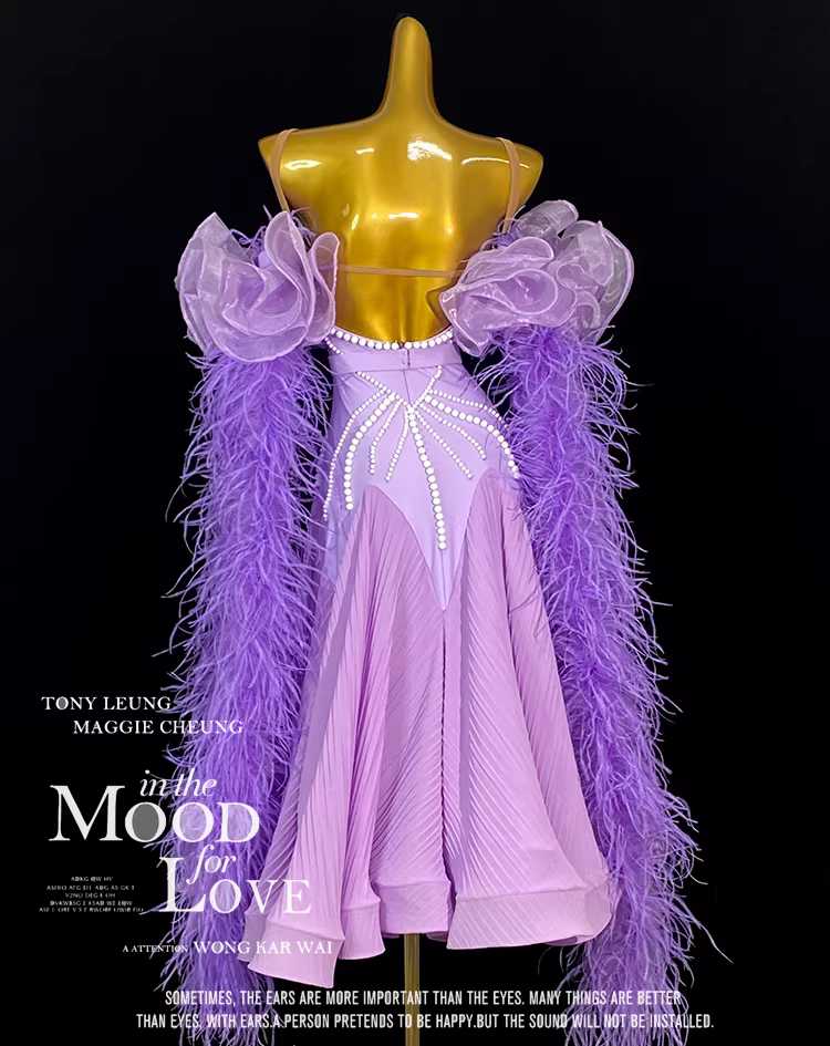 Custom Size Feather Lavender Purple Ballroom Dance Dress for Women Girls