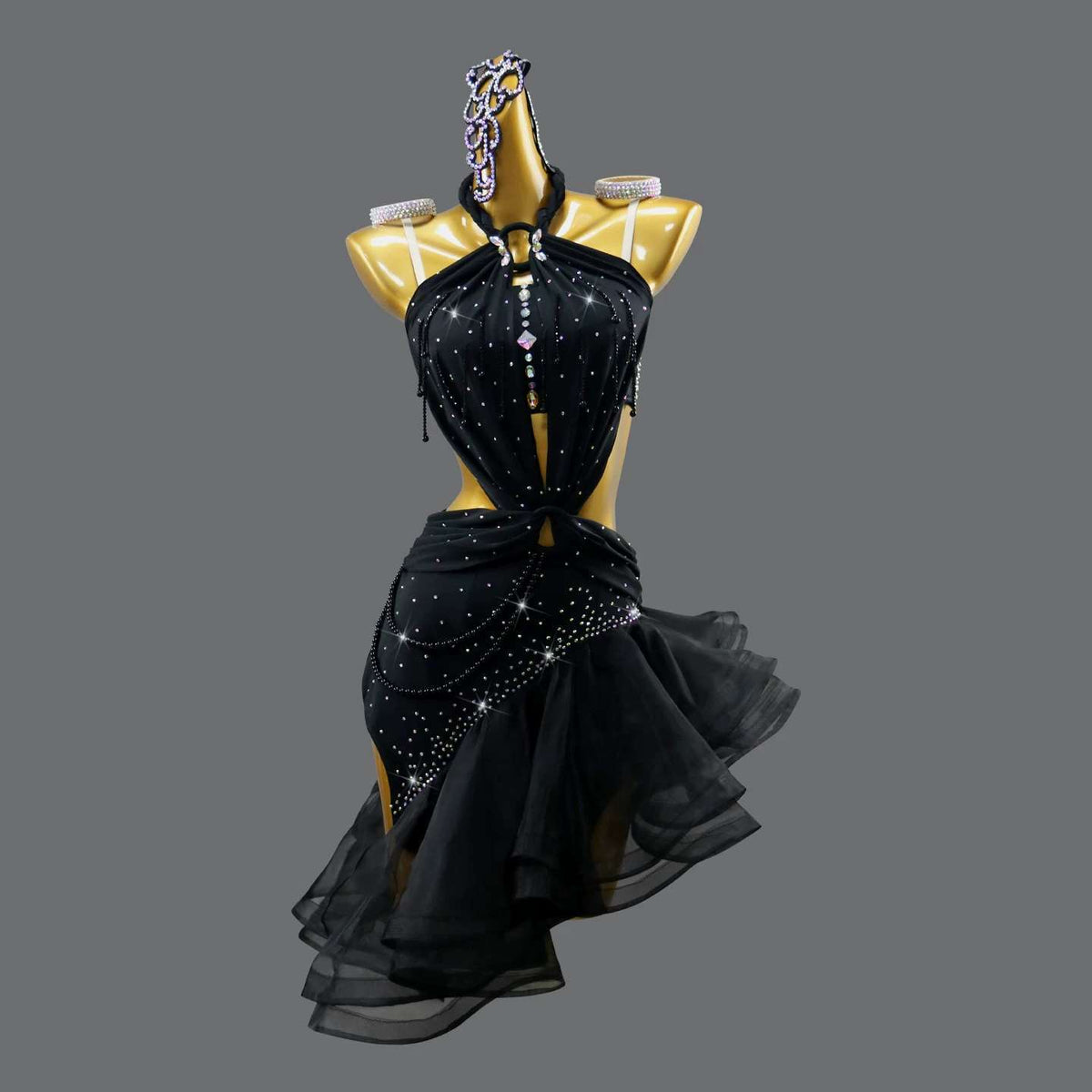 Custom Sparkly Orange Halter Latin Rhythm Dress Crystal Latin Salsa Dance Costume