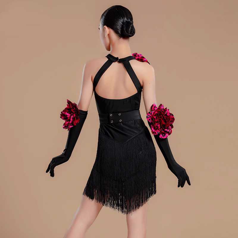Latin Dance Costume for Girls Black with Wine Flowers Ballroom Salsa Rumba Chacha Dancing Dresses for Kids Girls Solo Dance Outfits - Moderndancedress.com