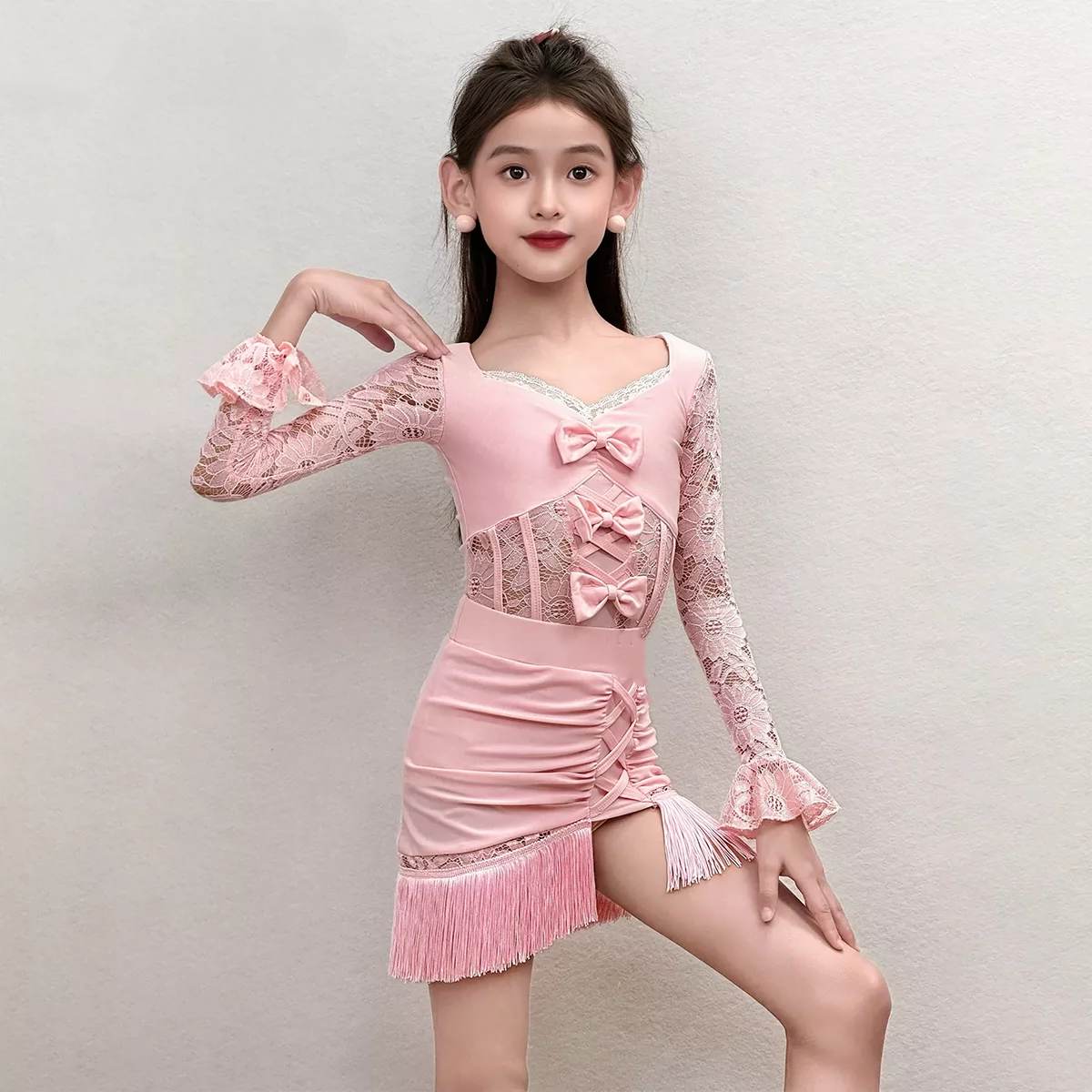 Girls Pink Latin Dance Dress | Kids Lace Sleeve Fringe Salsa Costume
