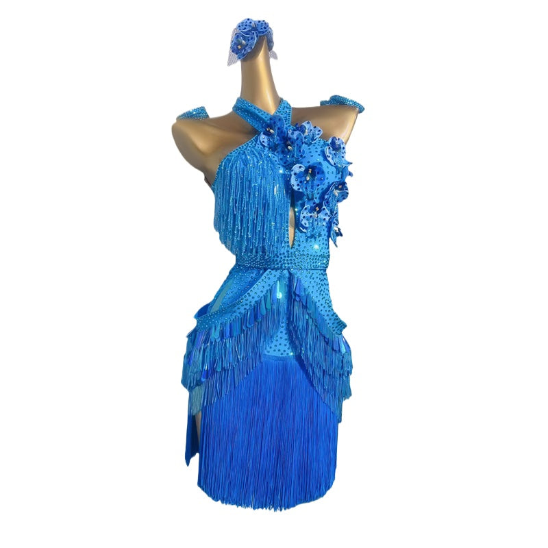 Custom Size Blue Latin Dance Dresses for Women Girls Dark Green Salsa Rumba Chacha Latin Costumes