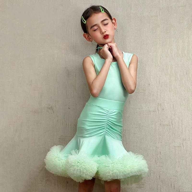 Girls Mint Green Latin Dance Dress - Fluffy Ruffle Performance Wear