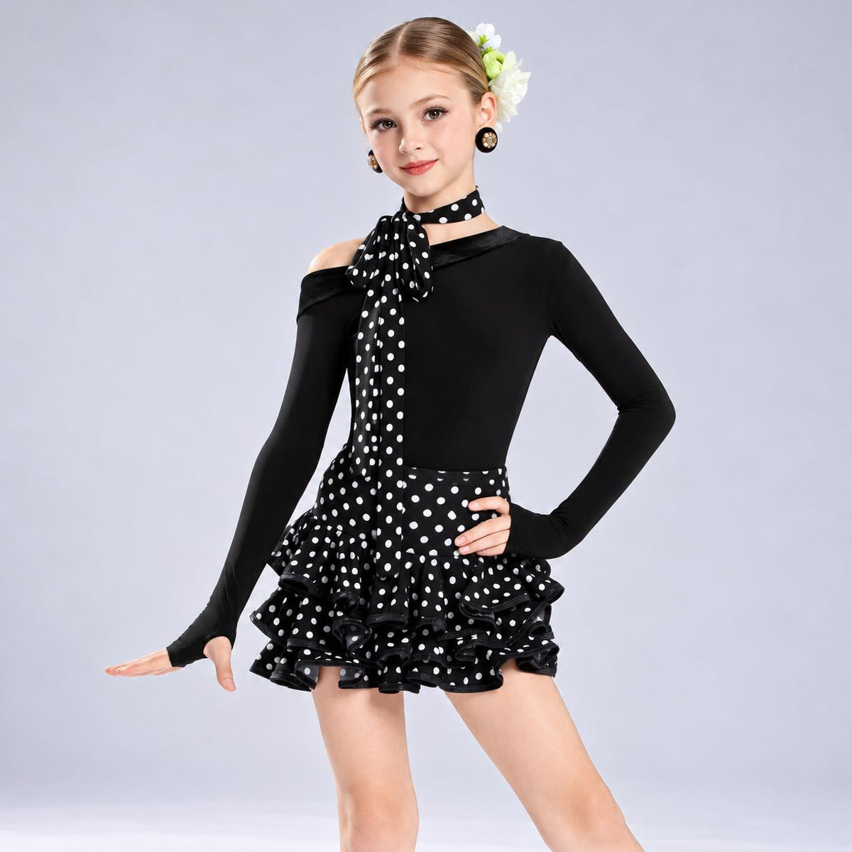 Girls Black & White Polka Dot Latin Dance Dress | Kids Ballroom Costume