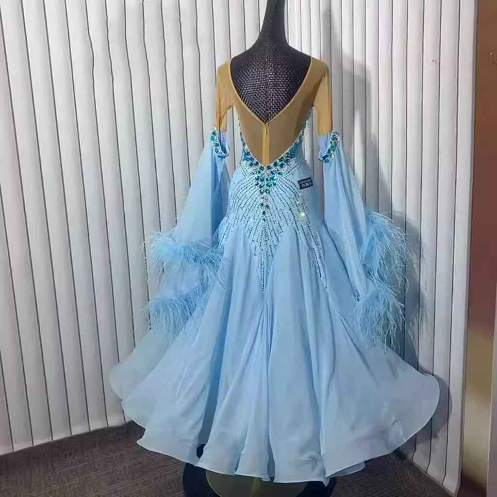 Custom Light Blue Competition Ballroom Dance Dress for Women Tango Foxtrot Rhythm Waltz Performance Long Gown