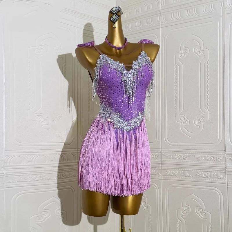 Custom Size Hot Pink Fringe Competition Latin Dance Dress for Women Girls with Open Back Crystal Tassels