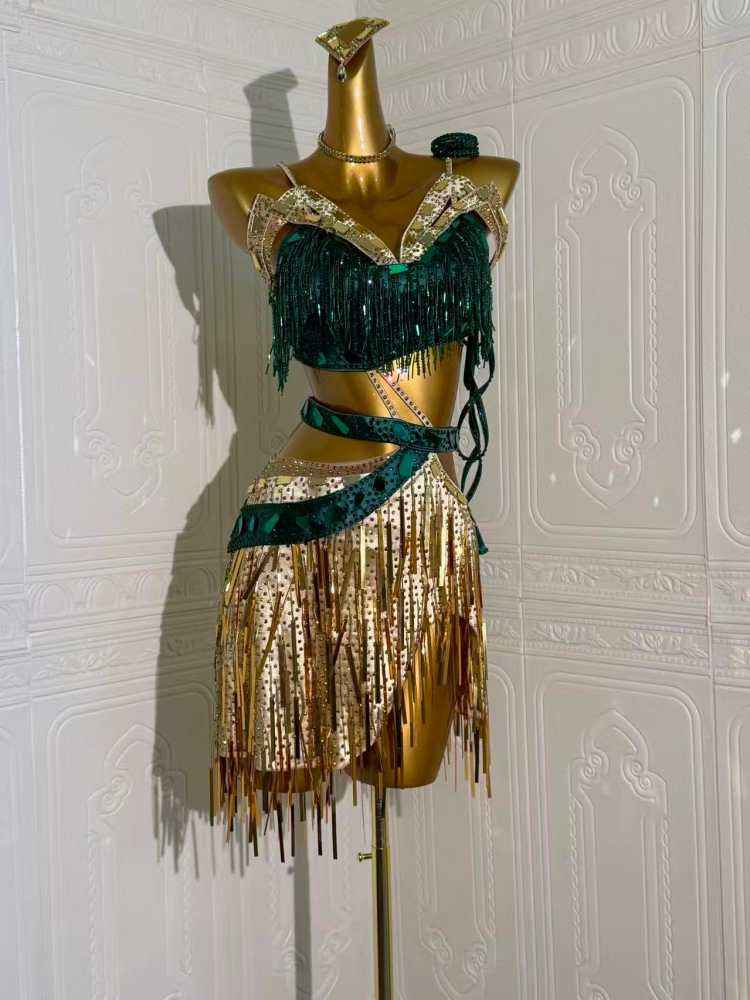 Custom Size Dark Green with Gold Fringe Competition Latin Dance Dress Bling Fringe Salsa Chacha Perform Costume