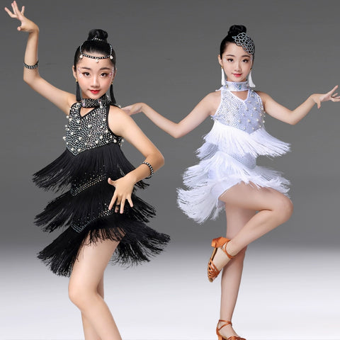 Girls Latin Dance Dresses Children's Professional Latin dance performance clothes girls' bright diamond fringe Latin dance skirt children's Latin competition clothing - Moderndancedress.com