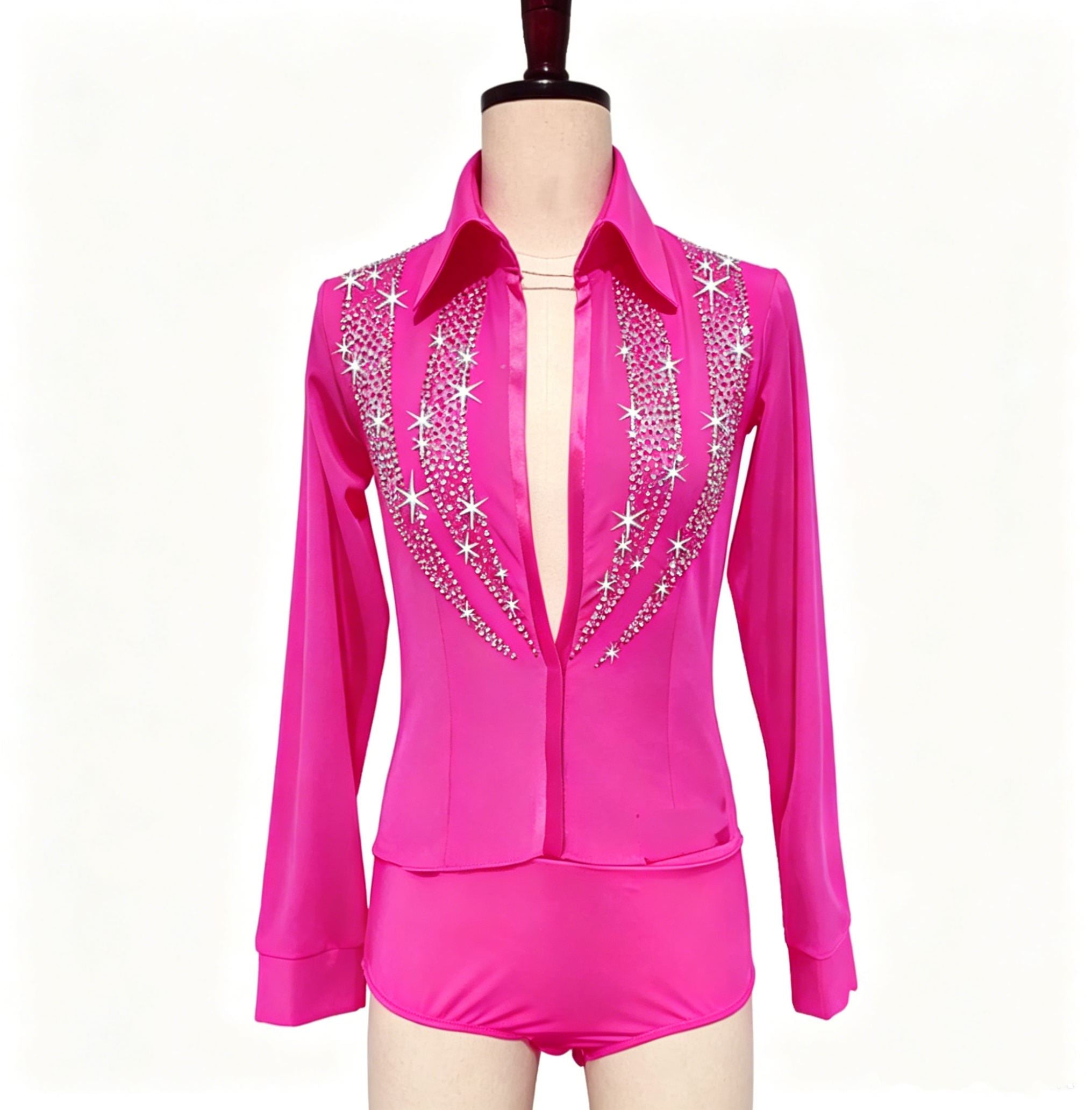 Custom Size Competition Black Fuchsia Latin Ballroom Danec Shirt Long-sleeved Elastic Mesh Back