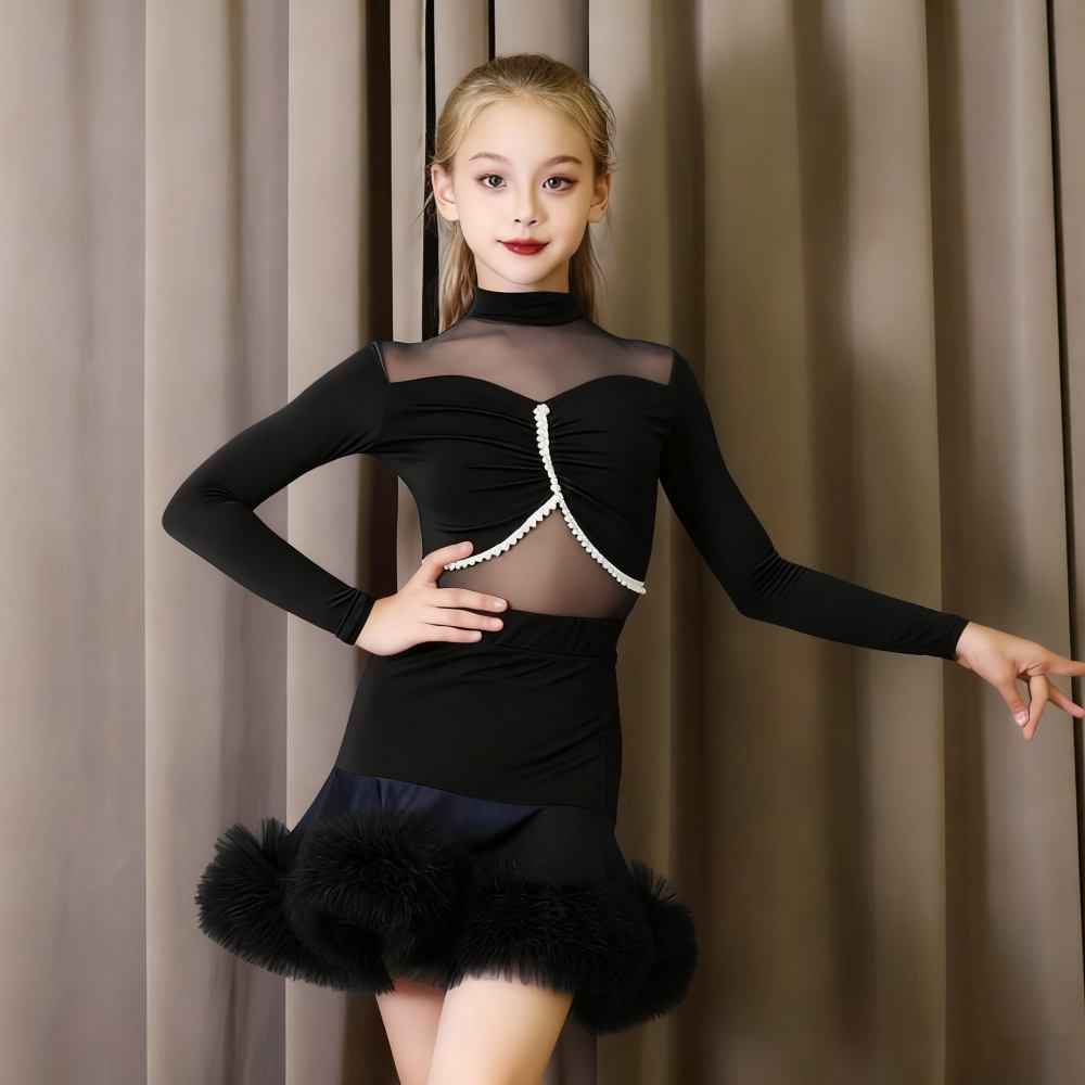 Girls Latin Dance Dresses Blue Wine Black Salsa Rumba Chacha  Latin Dance Costumes for Kids
