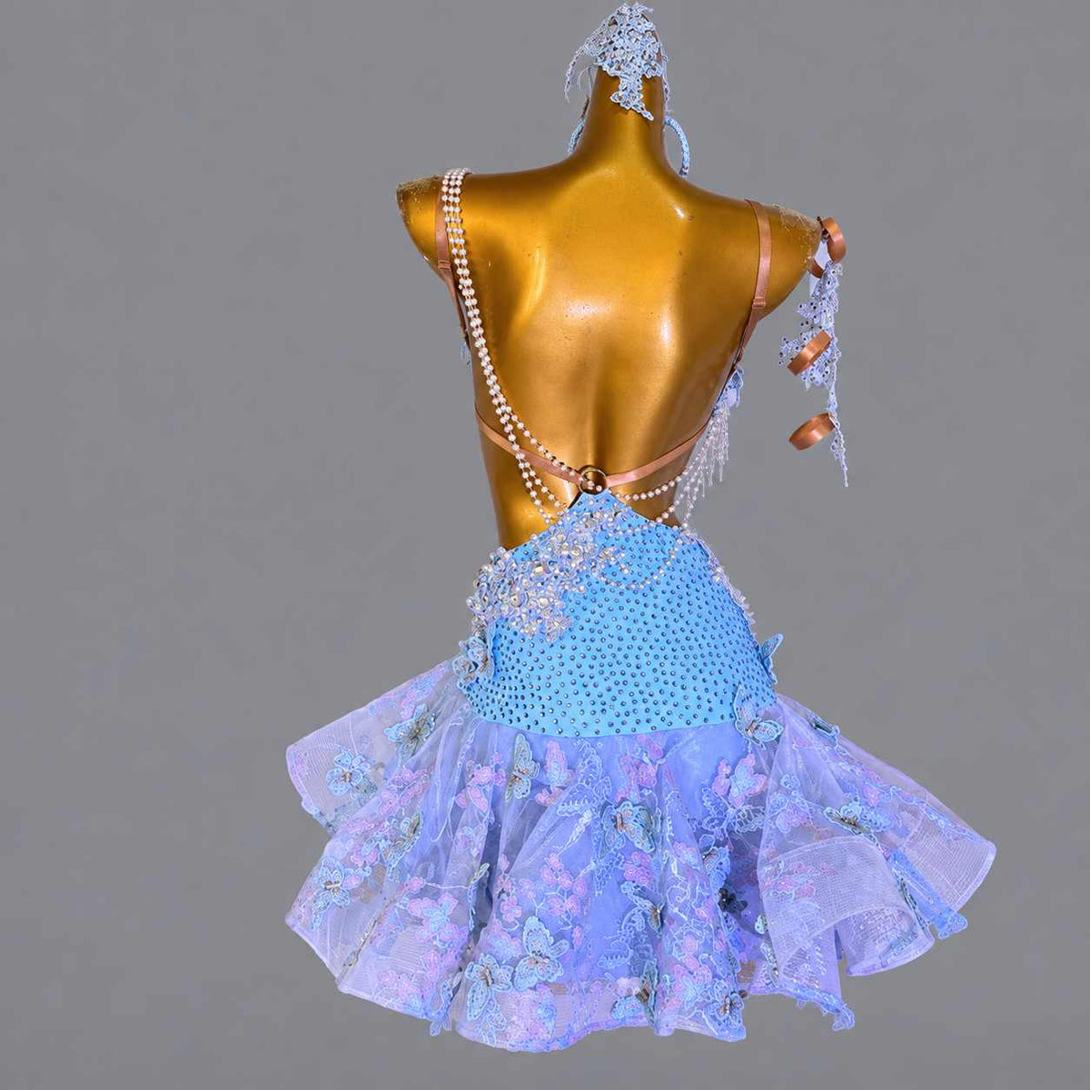 Custom Blue Latin Dance Dress with 3D Butterfly Lace Embroidery