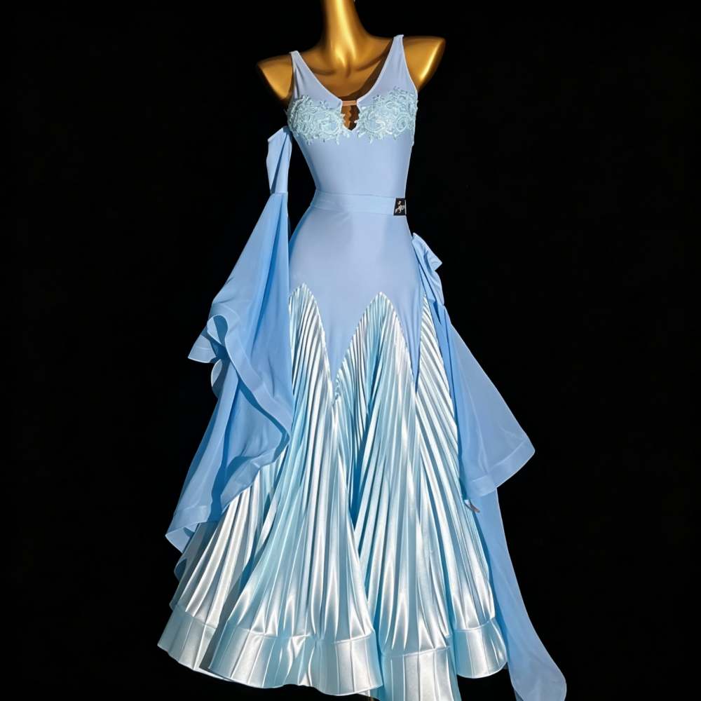 Custom Size Light Blue Ballroom Dance Dress for Women Girls Waltz Tango Dancing Long Gown