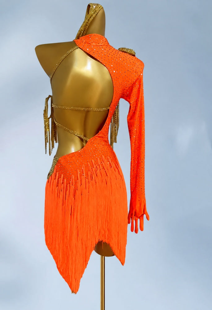 Custom Orange with Gold  Competition Latin Dance Dress Crystal Salsa Blackpool Dance Gown