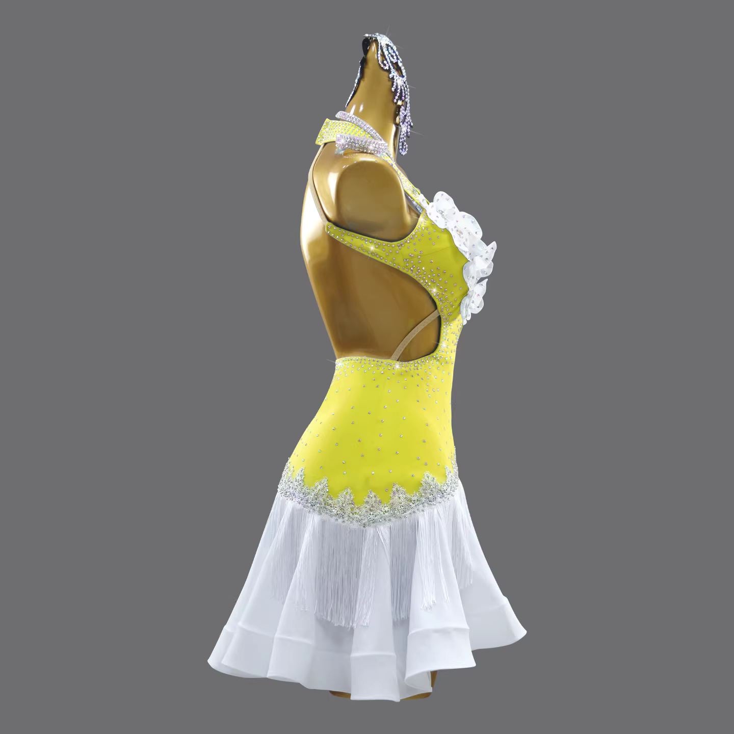 Custom Size Yellow Latin Dance Dress Inclined Fringe Hem Salsa Chacha Performance Clothes