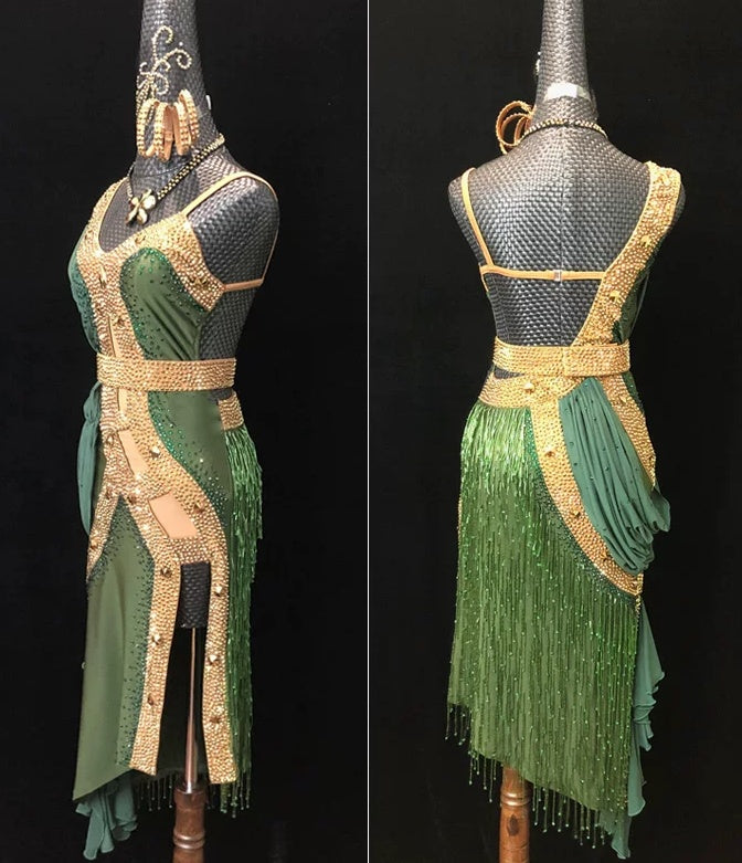 Custom Size Olive Navy Gold Crystal Competition Latin Dance Dress Ballroom Performance Costume