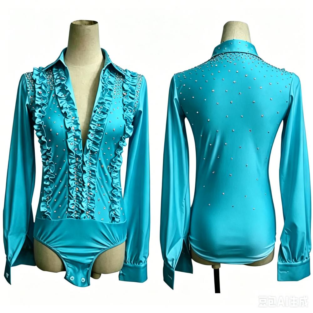 Custom Pink Blue Ruffle Edges Latin Dance Shirt for Men Youth Competition Waltz Tango Flamenco Dancing Tops