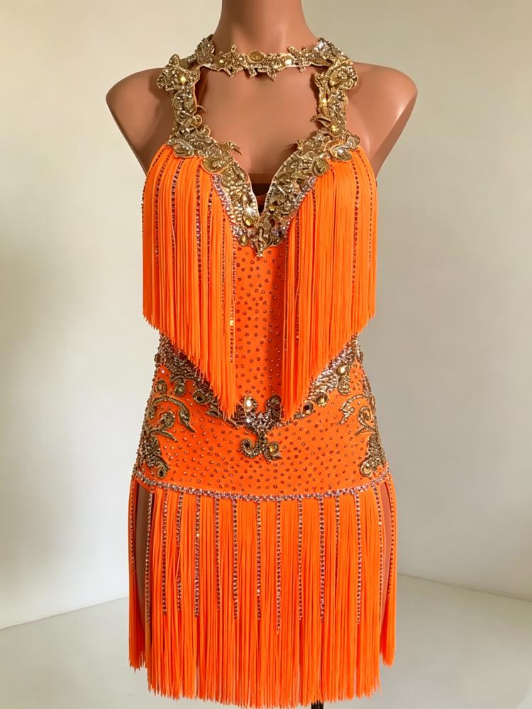 Custom Gold Crystal Orange Competition Latin Dance Dress with Fringe
