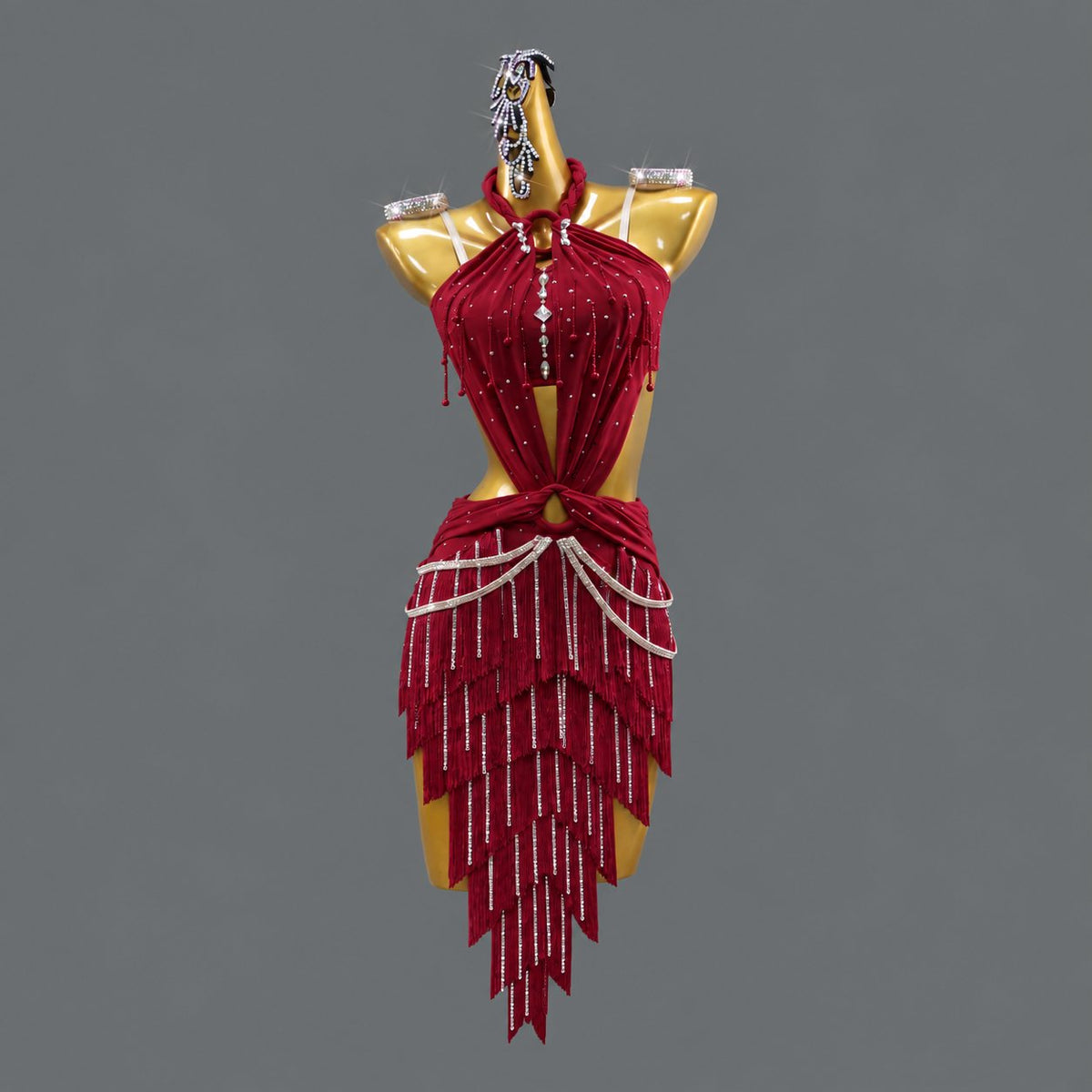 Custom Hot Pink Fringe Competition Latin Dance Dress with Crystals
