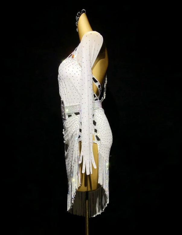 Custom Size White Fuchsia Bling Competition Latin Dance Dress Salsa Chacha Blackpool Dance Wear