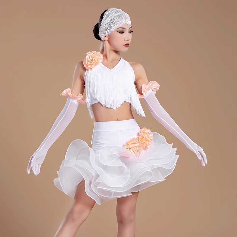 White with Pink Flowers Ballroom Latin Dance Dresses for Kids Girls Salsa Ballroom Chacha Party Performance Ball Gown for Children - Moderndancedress.com
