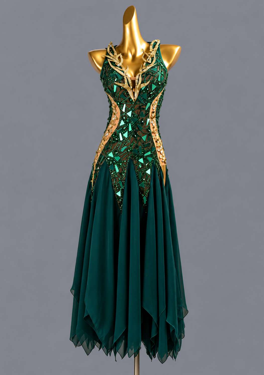 Custom Sparkly Green & Gold American Smooth Dress Crystal Leaves Ballroom Dance Gown