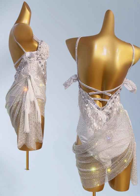 Custom Size Competition Latin Dance Dresses for Women Girls White Mesh Diamond Salsa Rumba Chacha Dance Costumes