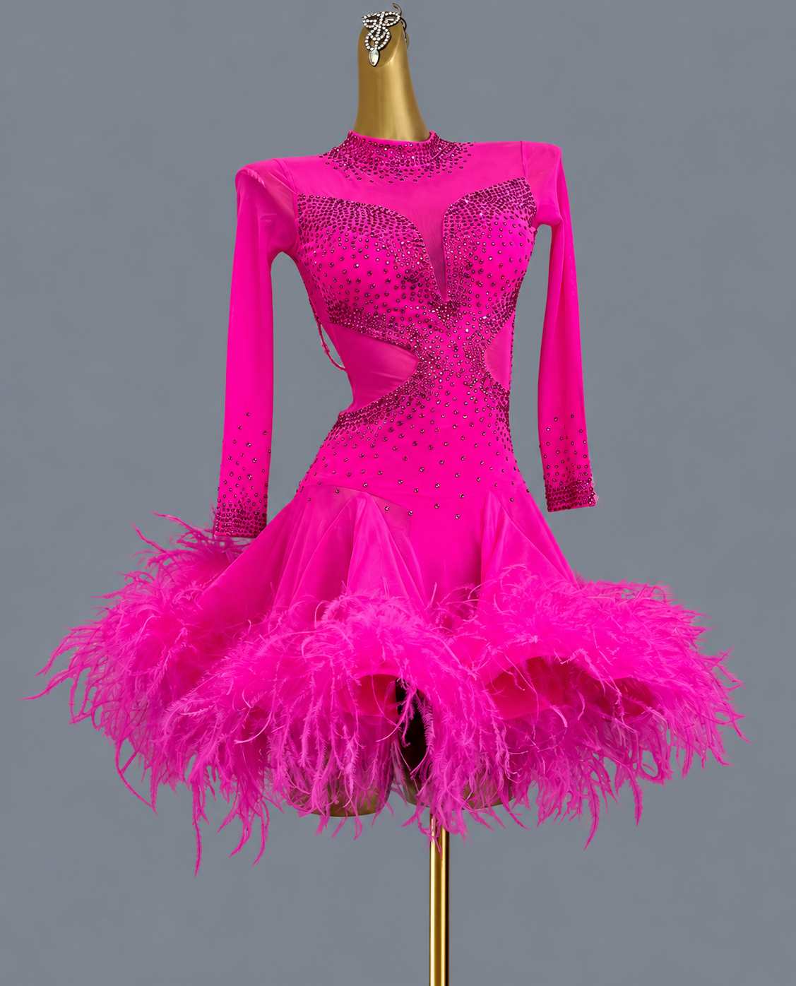 Custom Black Latin Dance Dress with Feathers & Crystals Salsa Chacha Competition Gown