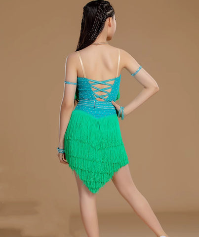 Custom Size Neon Gren Blue Fringe Girls Latin Dance Dresses Competition Salsa Rumba Chacha Performance Costumes