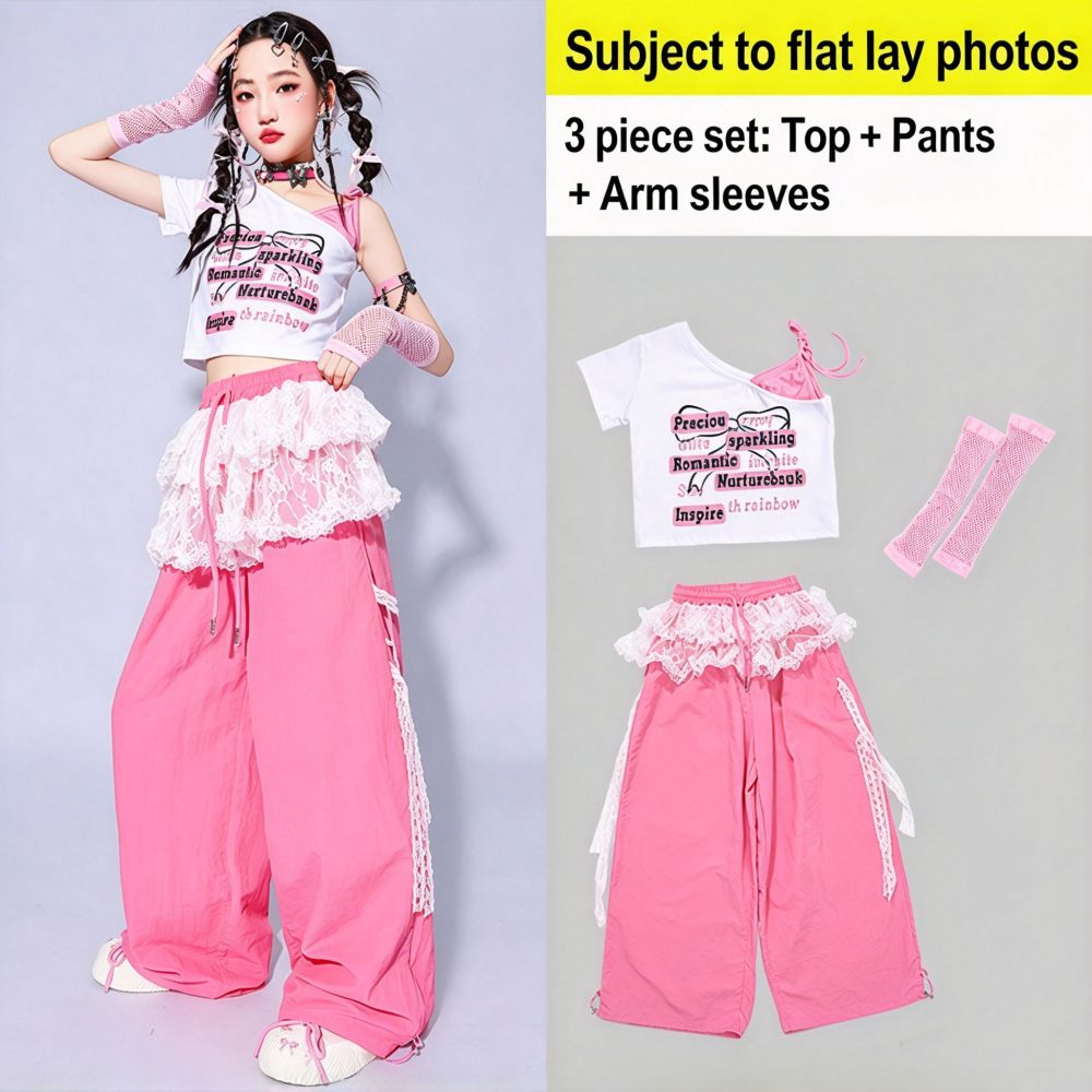 Girls Pink Jazz Dance Costumes K-Pop Dance Outfits - Tiered Mini Skirt Cargo Pants & Crop Top