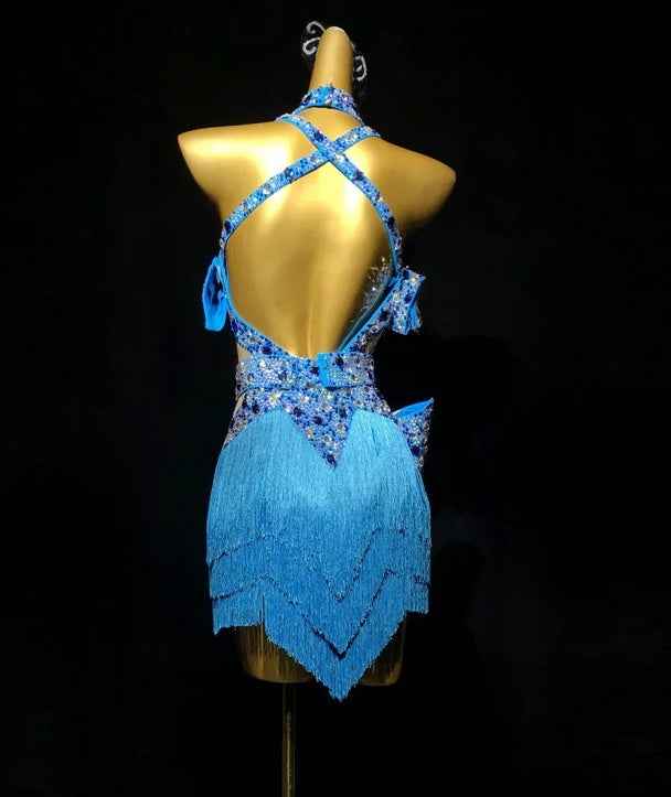 Custom Sparkly Rhinestone Latin Dance Dress | Blue Tassel Rhythm Salsa Ballroom Dancing Skirt