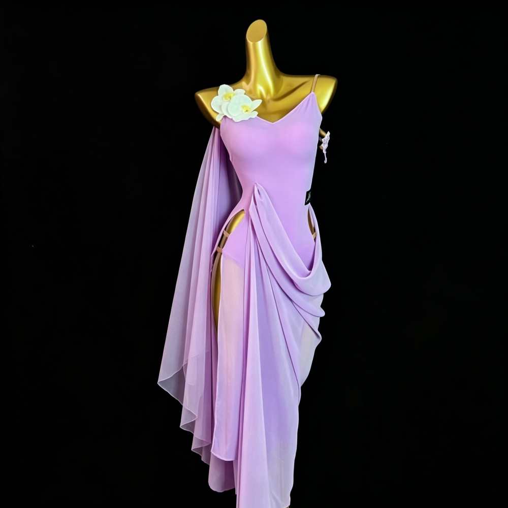 Custom Size Violet Flowers Latin Dance Dress for Women Salsa Chacha Performance Dance Costumes Art Examination