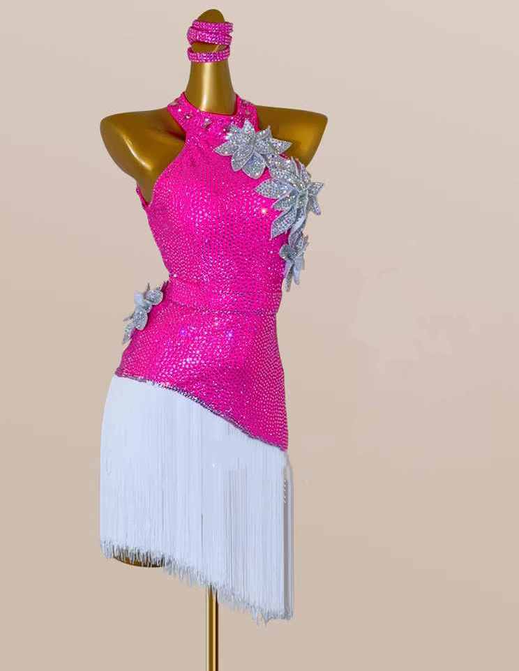 Custom Size Hot Pink Women's Latin Dance Dress Fringed Flower Decoration White Tassel