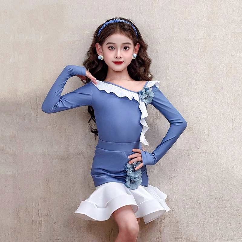 Girls Latin Dance Dresses Blue Slant Neck Children's Latin Dance Clothes Salsa Dance Costumes for Kids