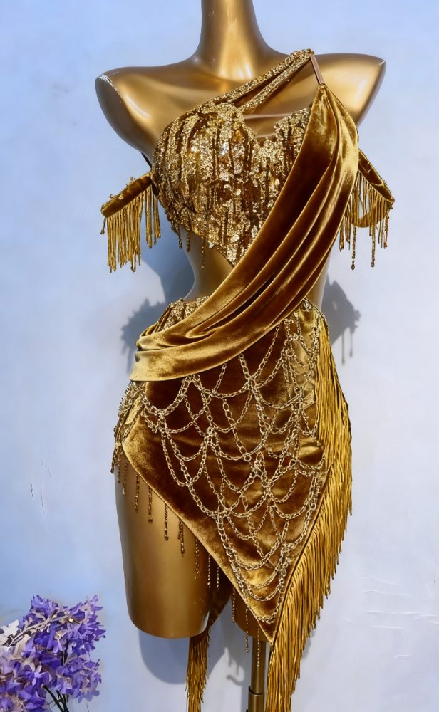 Custom Size Dark Green & Gold Latin Dance Dresses Suspender Design Professional Cha Cha Outfits for Adults