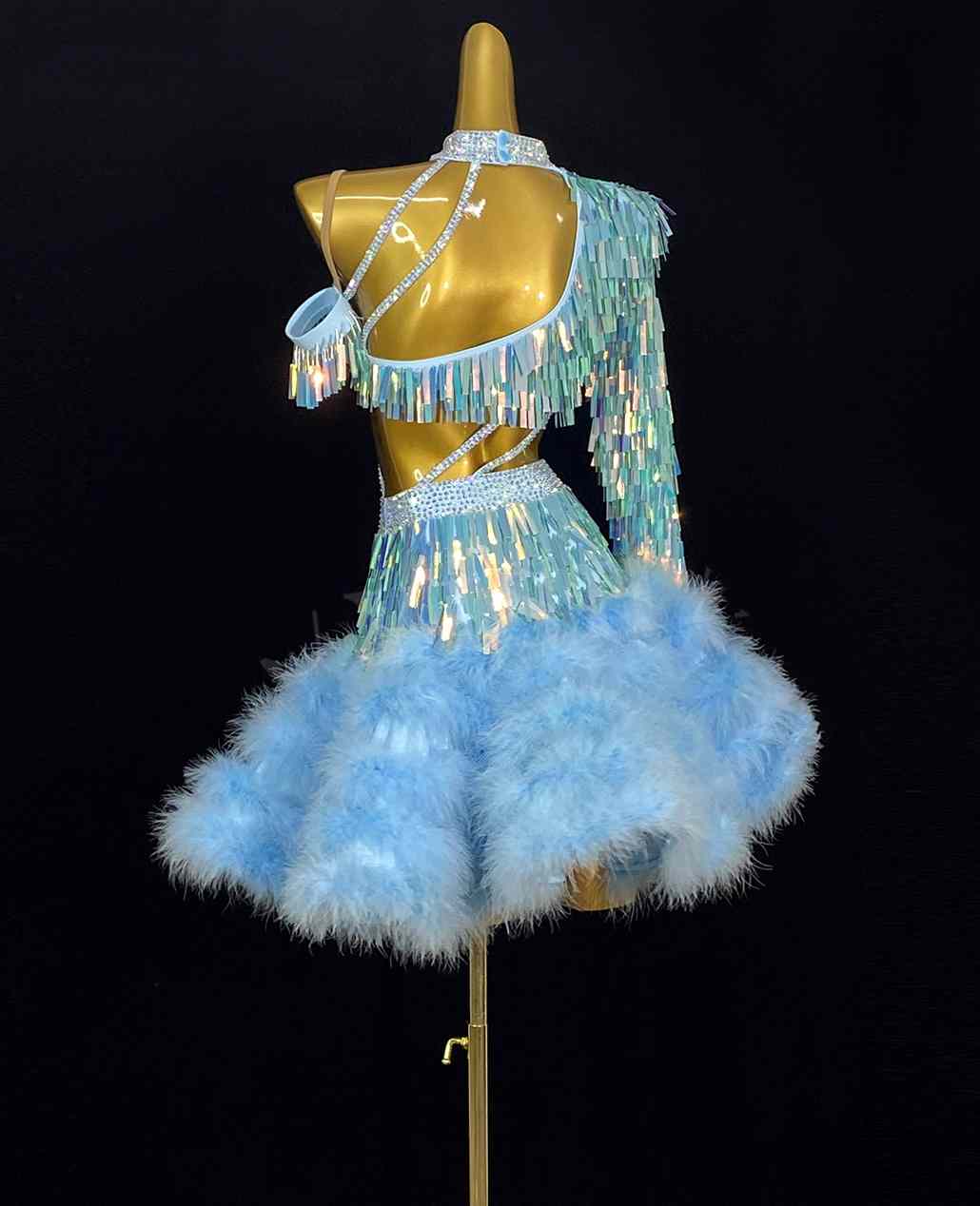 Custom Size Competition Latin Dance Dresses for Women One Shoulder Feather Salsa Rumba Chacha Performance Dance Costumes
