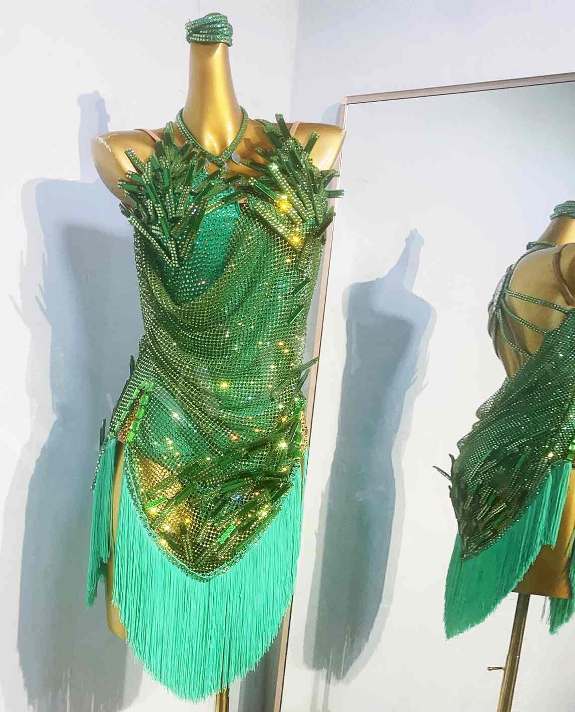 Custom Size Competition Latin Dance Dresses Green Orange Mesh Salsa Chacha Dance Costumes