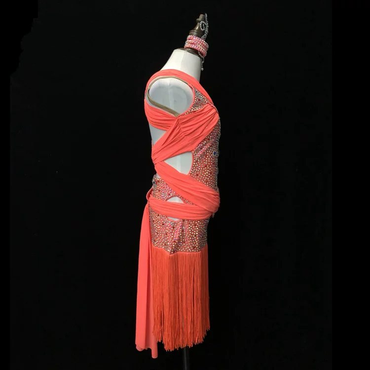 Custom Turquoise Halter Latin Performance Dress - Hot Pink Coral Crystal Ring Dancewear