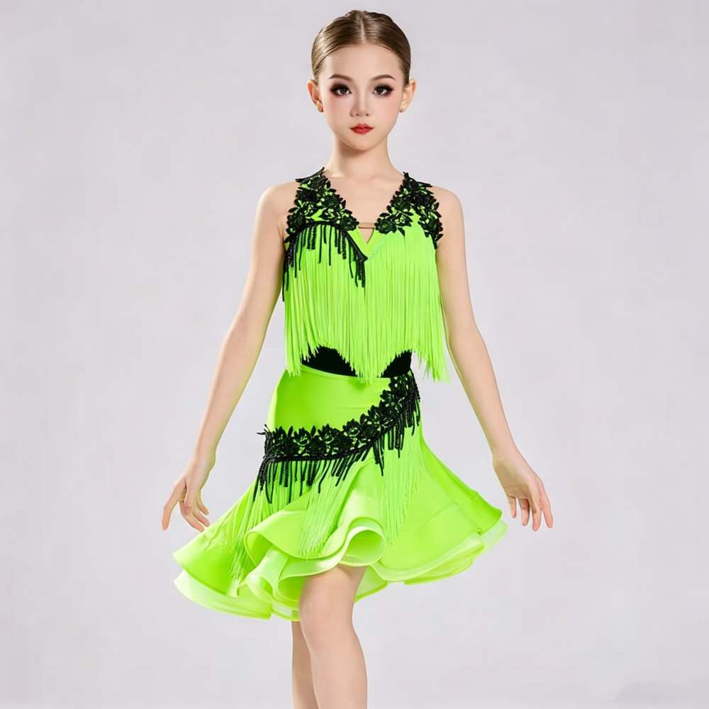 Girls Latin Dance Dress Neon Green Fringe Black Beads Competition Salsa Ballroom Perform Costumes
